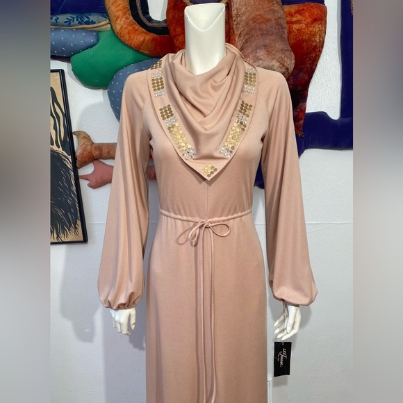 1970’s LEE JORDAN DRESS Studded Studs Rhinestones NEUTRAL Vintage Tags Nude Knit - Picture 5 of 11